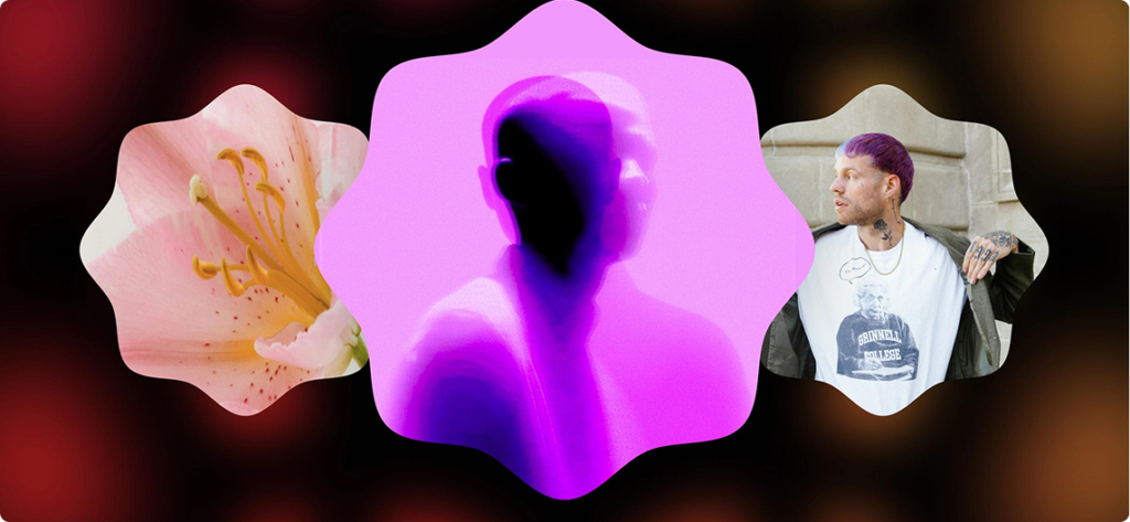 MiniMax Audio concept featuring a glowing purple figure between a flower and a musician