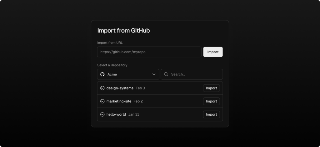 v0 by Vercel interface showing GitHub repository import options with a URL field, repository selector, search, and import buttons
